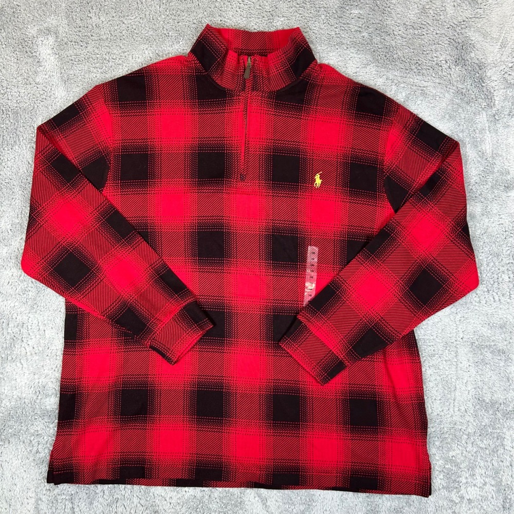 Polo Ralph Lauren Men 1XB Red Black Buffalo Plaid Estate Rib Quarter Zip Sweater